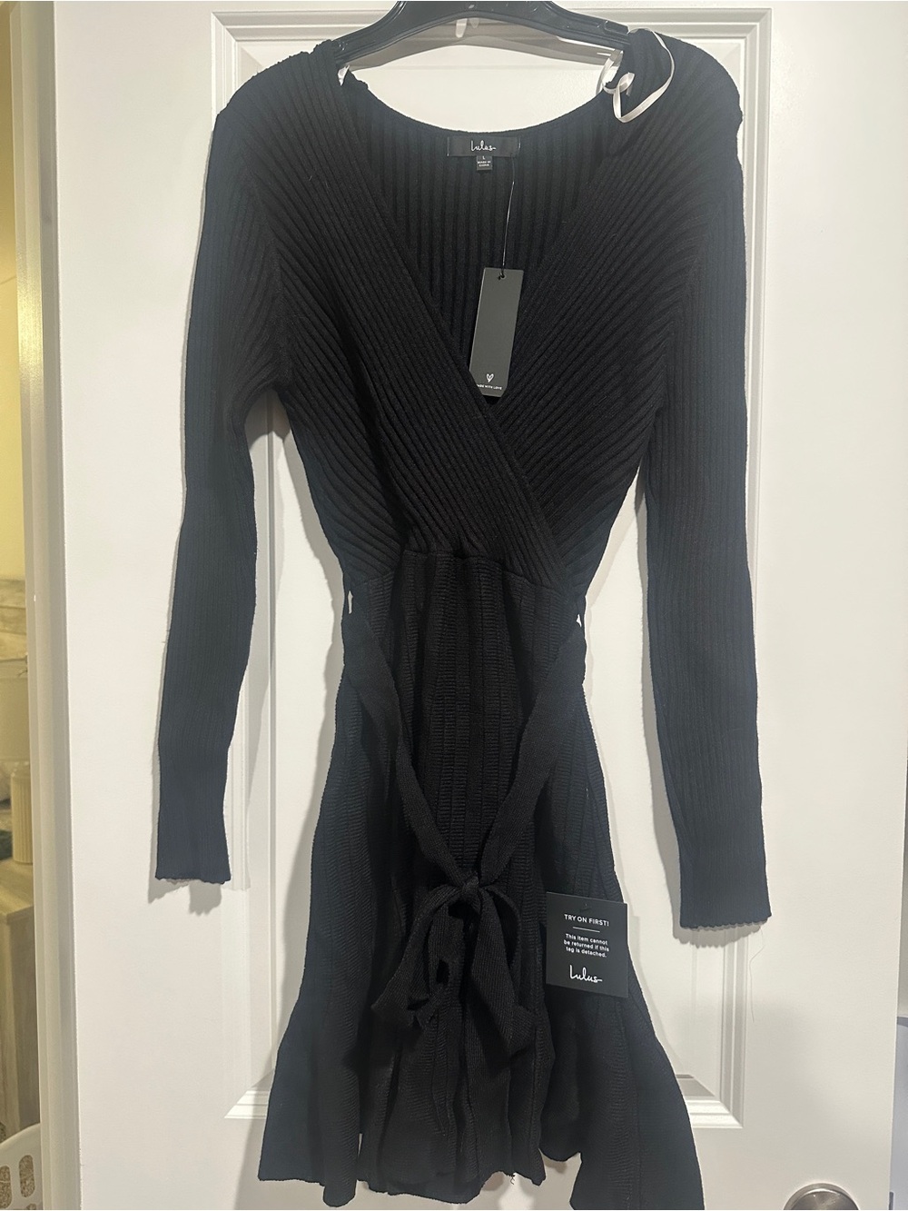 Lulu's Black Ribbed Wrap Tie-Waist Long Sleeve Dress